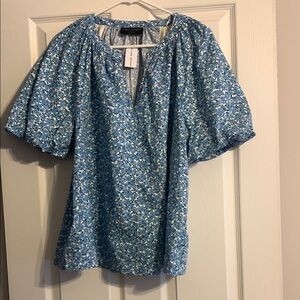 Lane Bryant Blue and White Ruffled Flutter Sleeve Blouse
